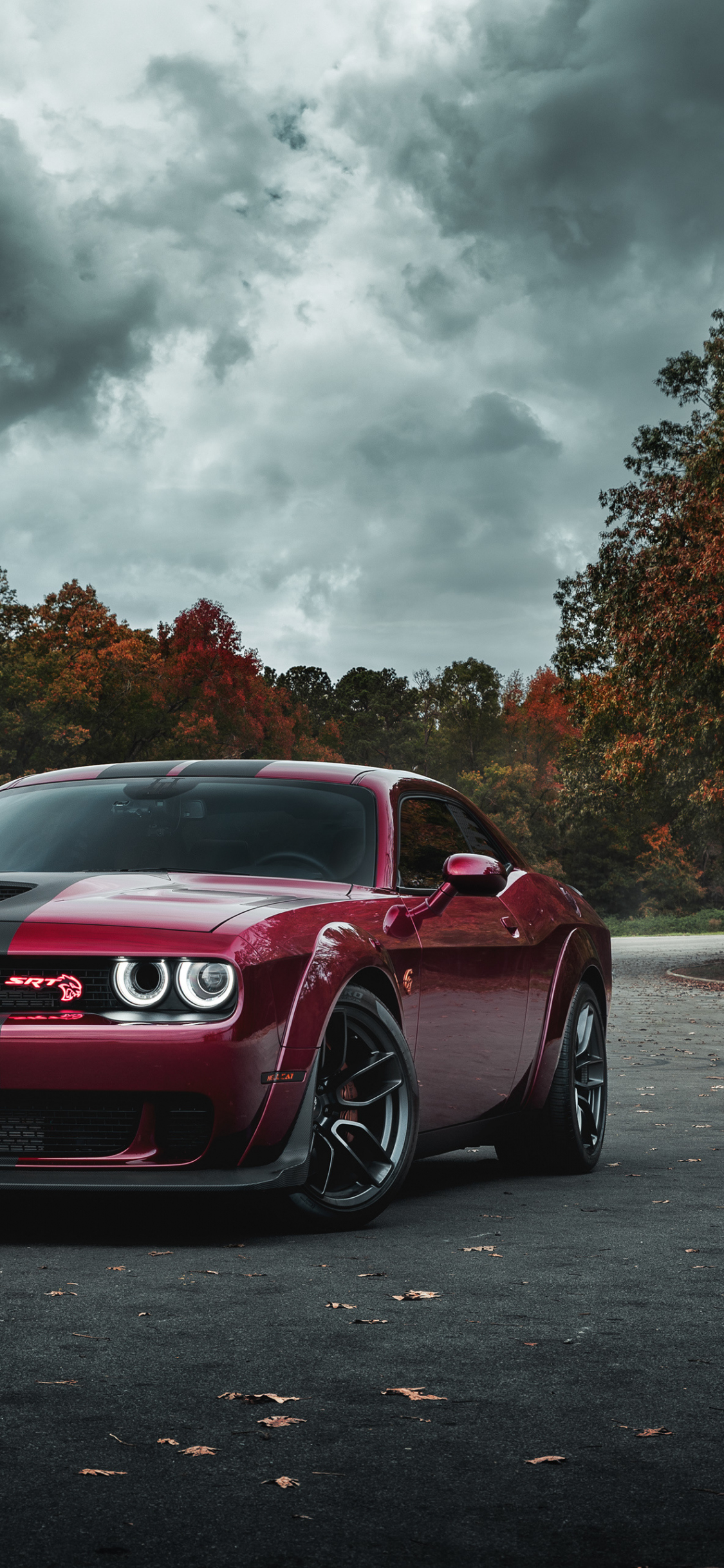 Dodge Challenger SRT Hellcat, muscle car, blood-red car, 1125x2436 wallpaper