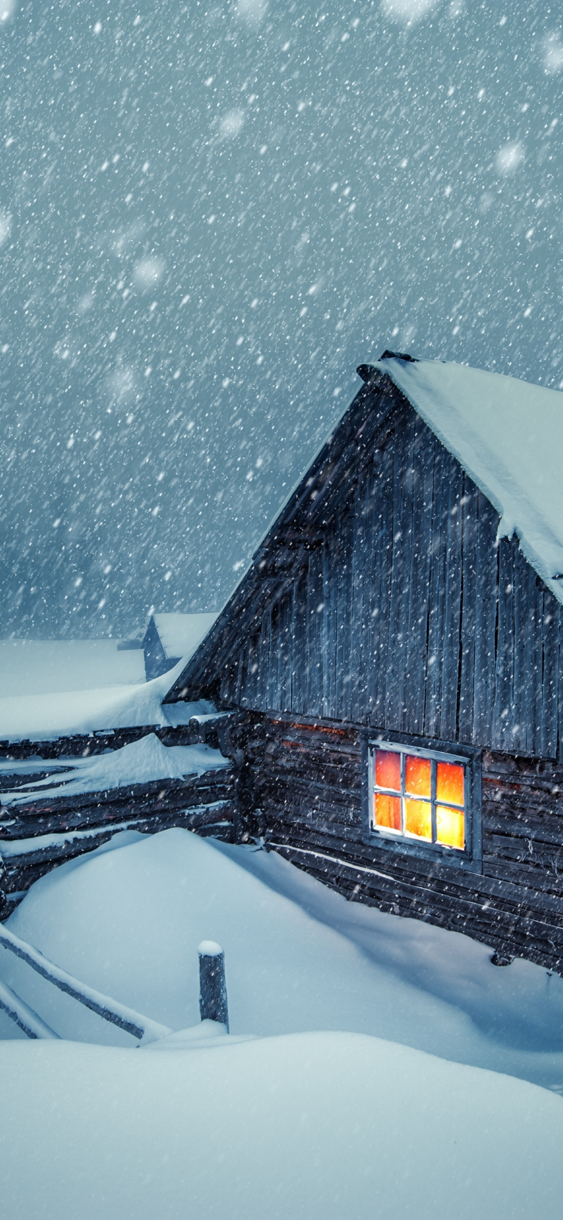 Download wallpaper 1125x2436 house light, winter, snowfall, iphone x,  1125x2436 hd background, 22984