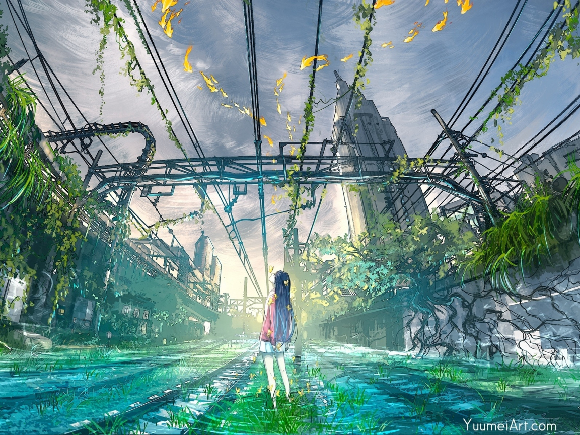 Download wallpaper 1152x864 train station, railroad, anime girl ...