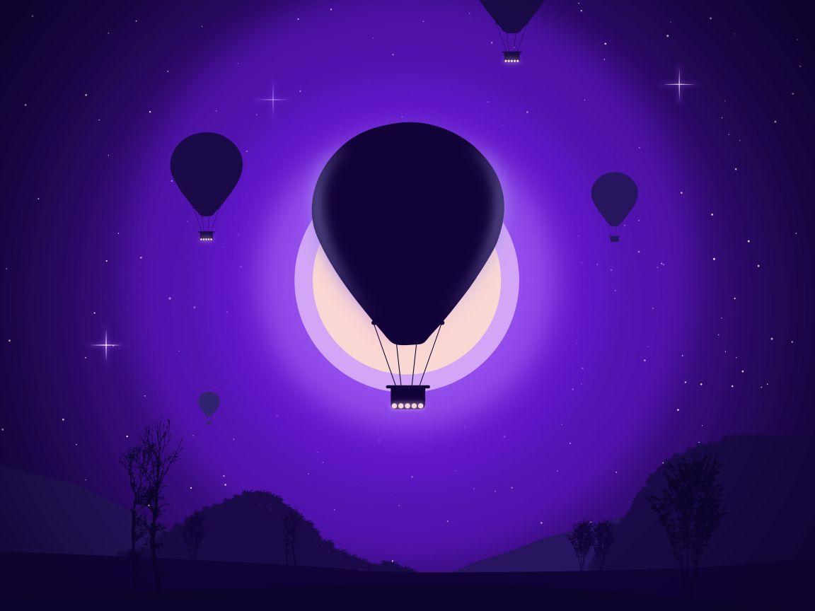 Download wallpaper 1152x864 hot air balloon, purple-dark, silhouette