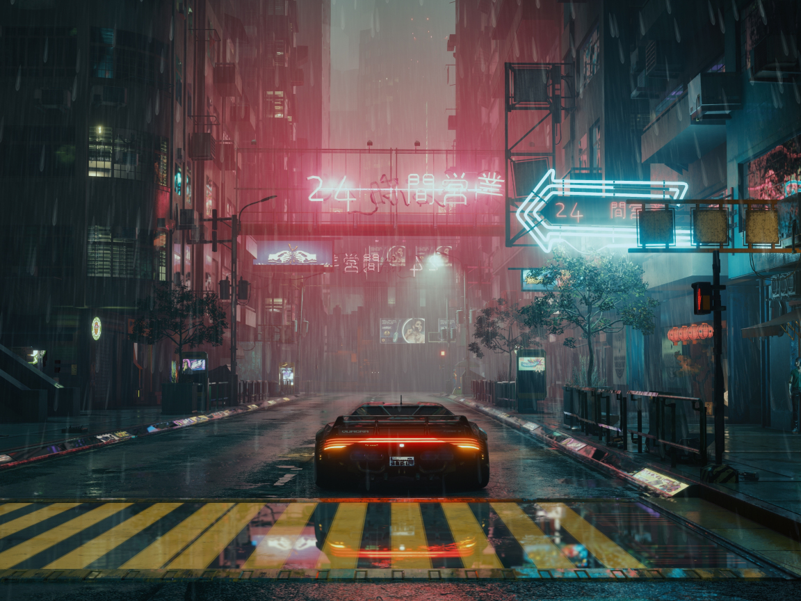 Cyberpunk, game, city shot, car, 1152x864 wallpaper
