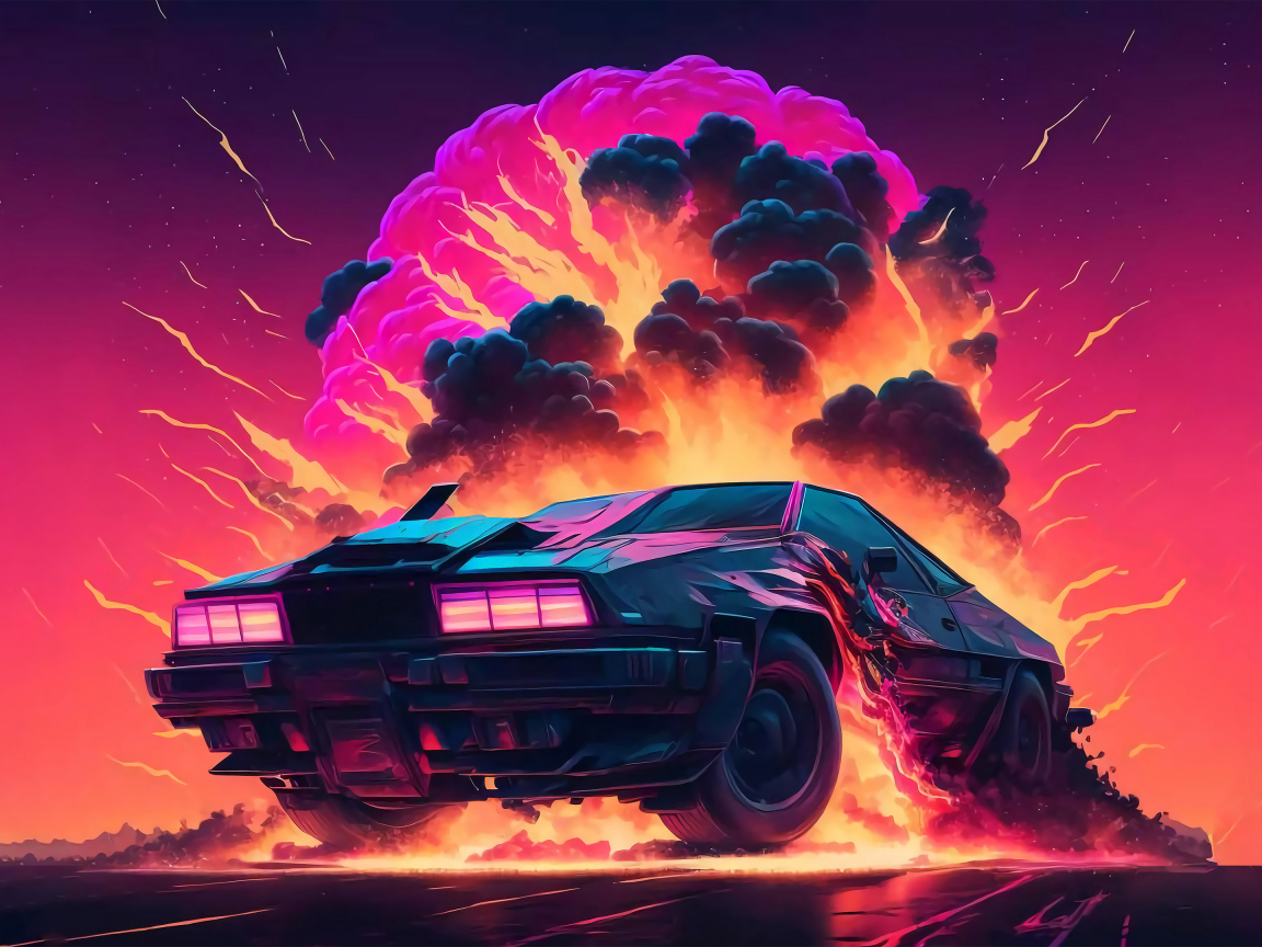 Download Wallpaper 1152x864 Delorean Car, Retrowave, Car Xplosion, Art