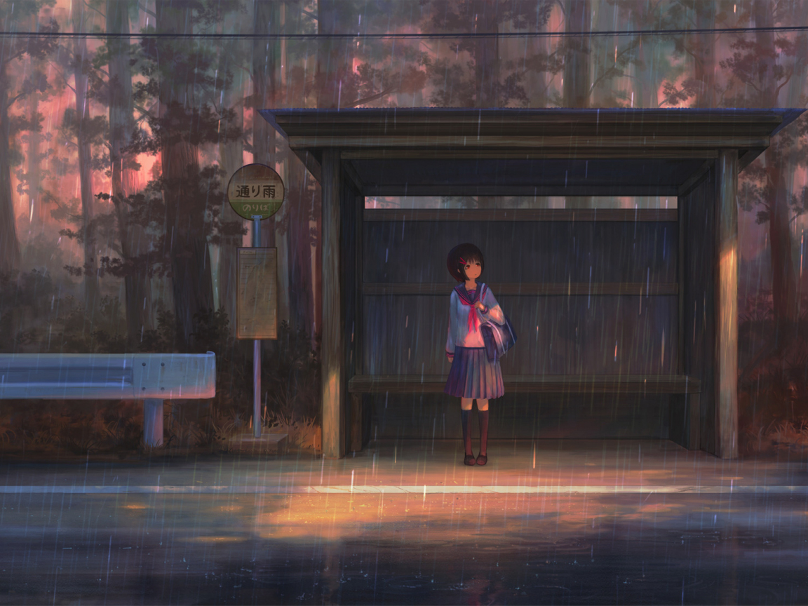 School girl, waiting for bus, rain, outdoor, 1152x864 wallpaper