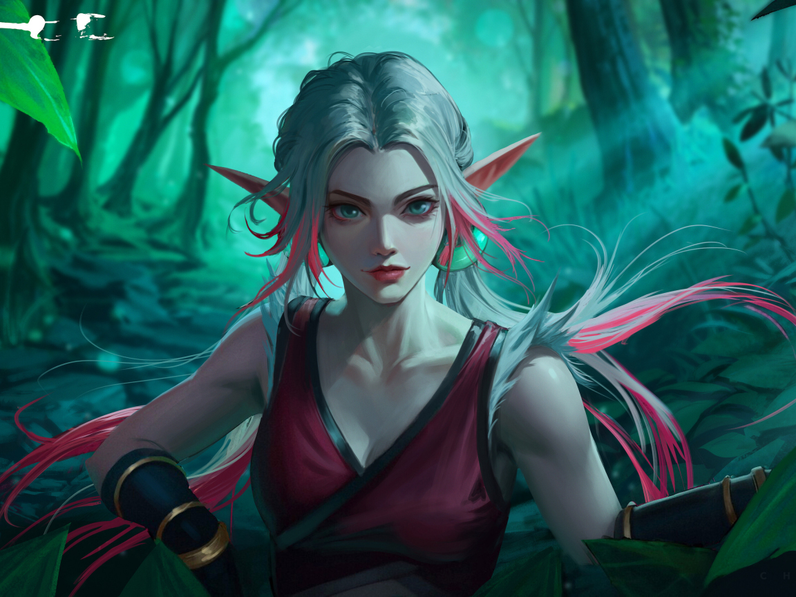 Beautiful elf girl, white-pink hair, fantasy, 1152x864 wallpaper