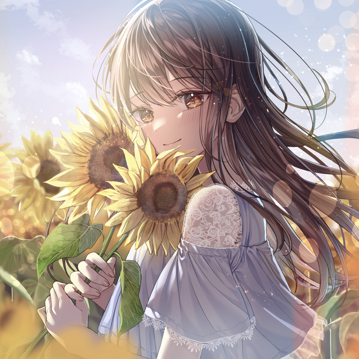 Sunflower and cute girl, anime, 1224x1224 wallpaper