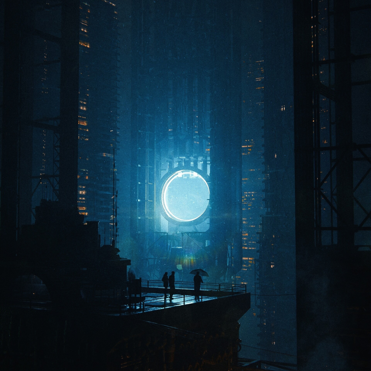 Tall buildings, glowing portal, cyberpunk, 1224x1224 wallpaper