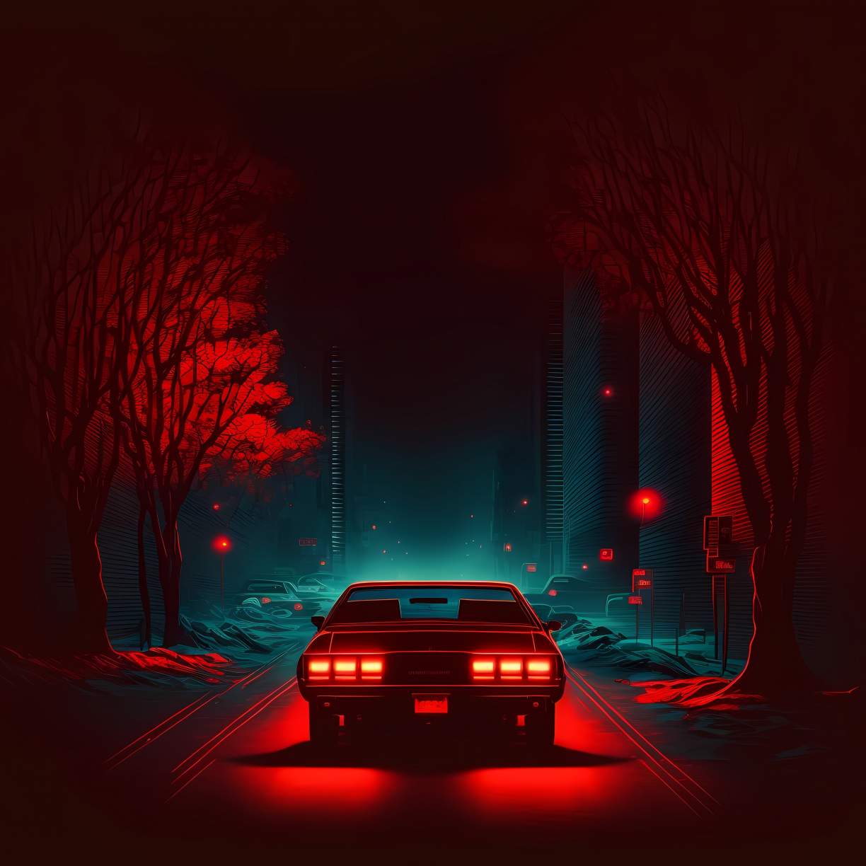 Red car on road, dark and minimal, digital art, 1224x1224 wallpaper