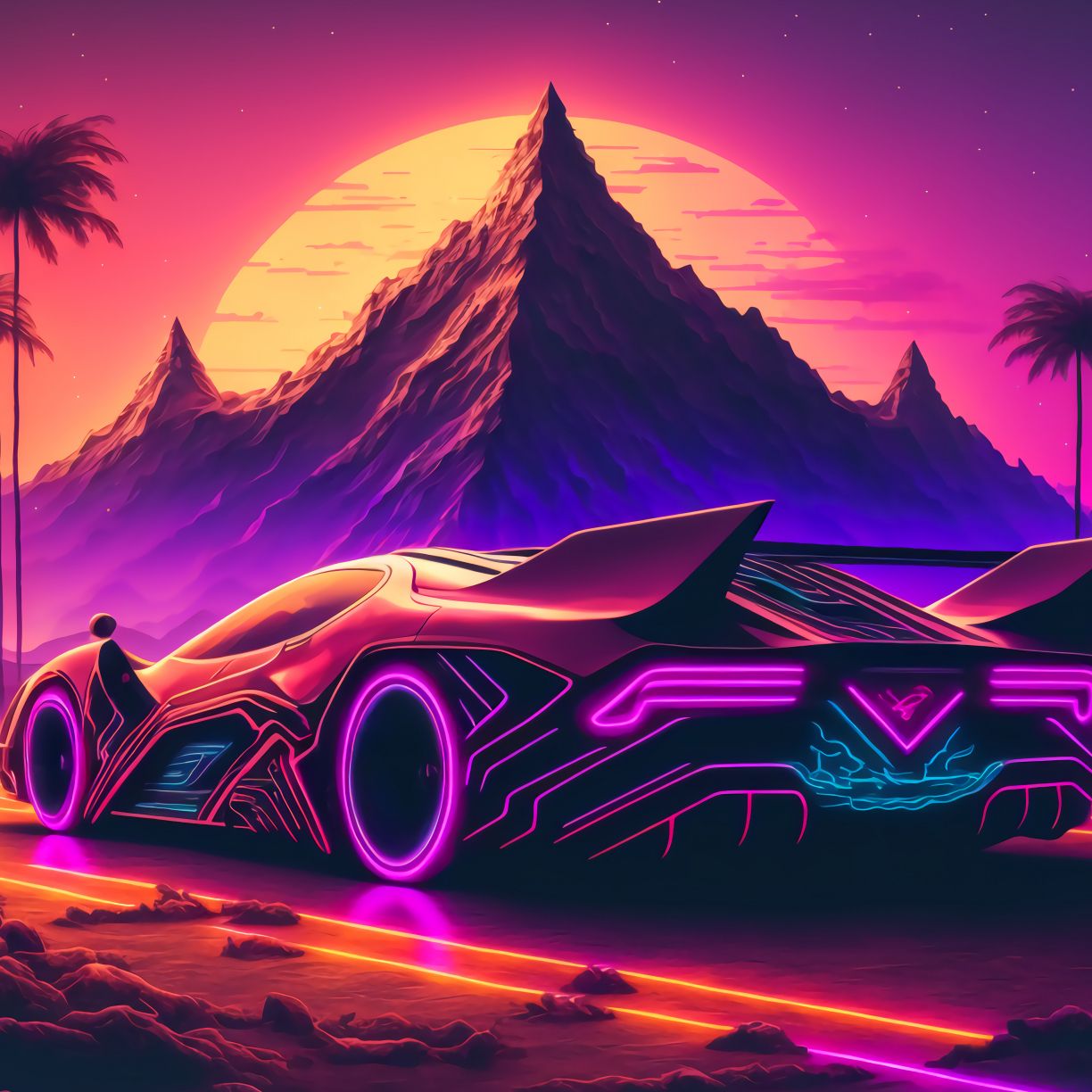 Wallpaper synthwave, sports car and mountains desktop wallpaper, hd ...