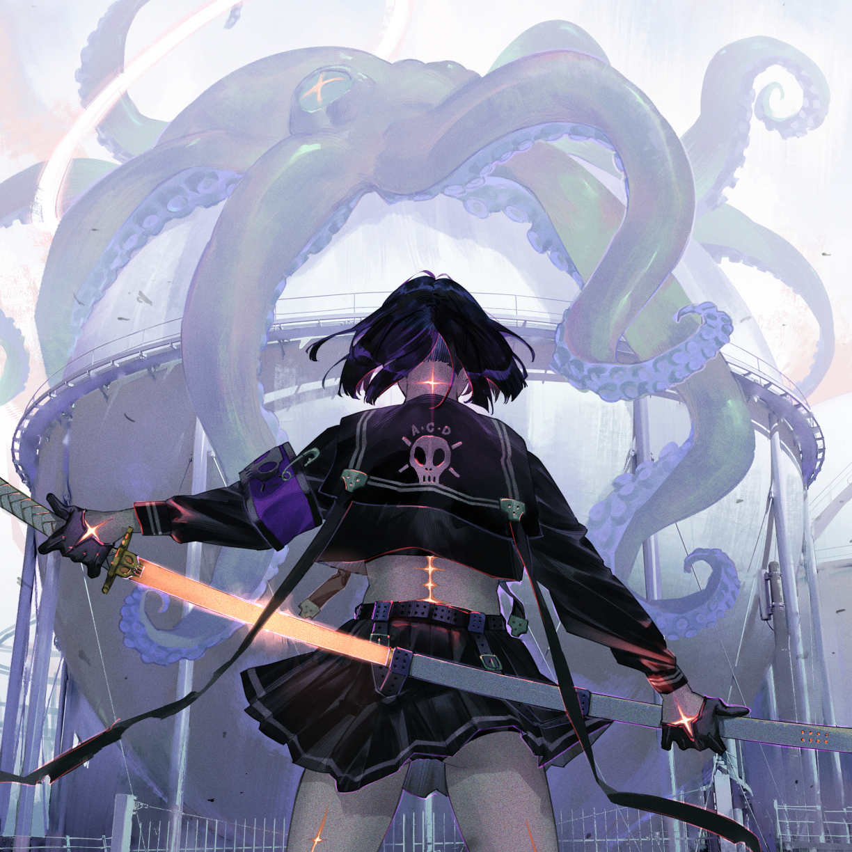 Pirate fighter girl and Octopus, art, 1224x1224 wallpaper