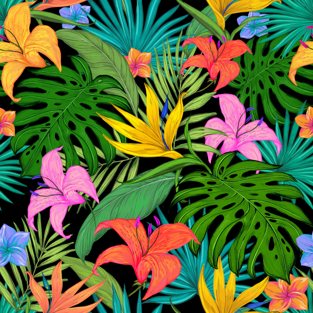Pattern, tropical, flowers, leaves, 1224x1224 wallpaper