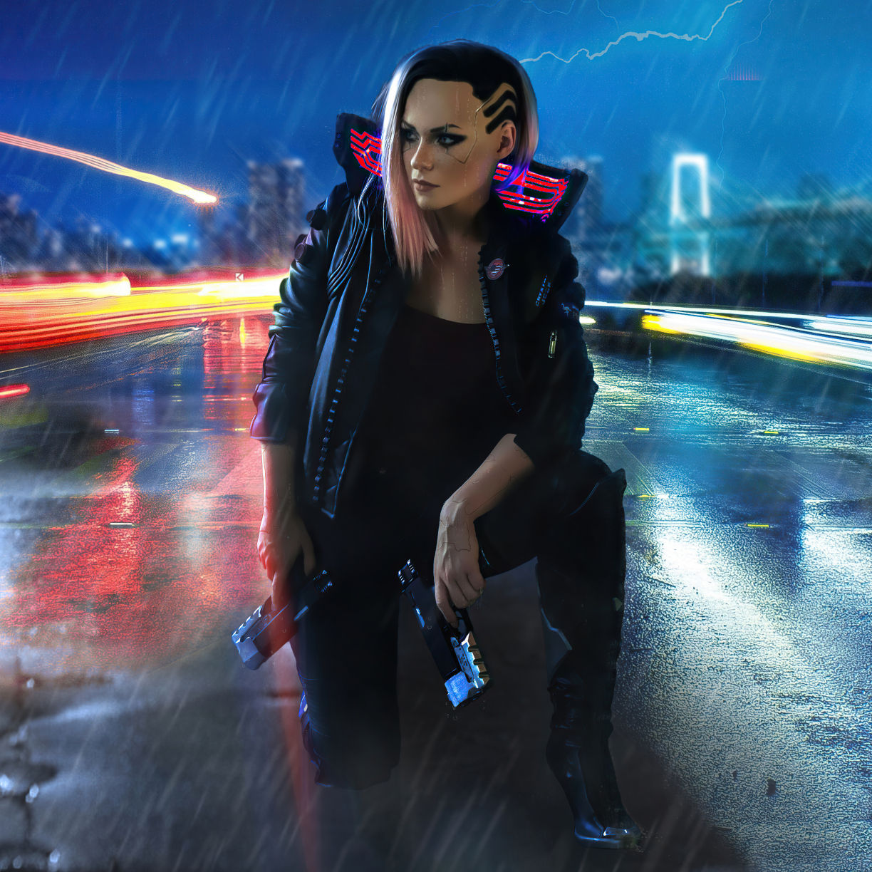 Girl and gun, video game, cyberpunk 2077, 1224x1224 wallpaper