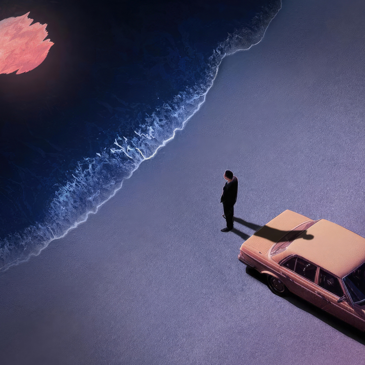 Lonely at night at the beach, car and man, art , 1224x1224 wallpaper
