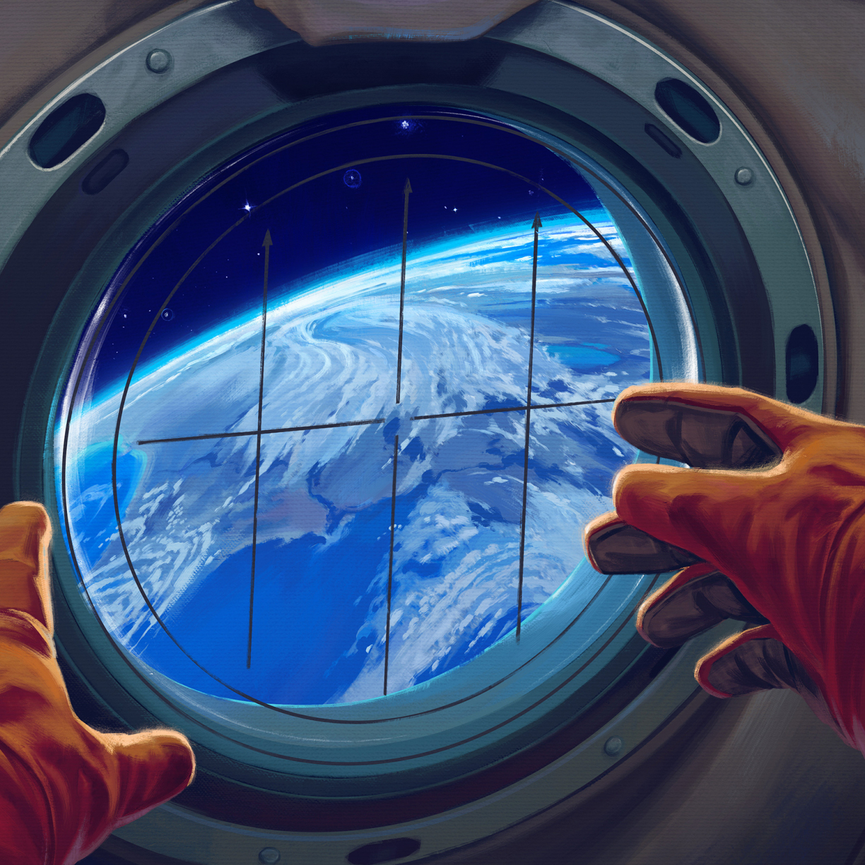 Spacecraft window, astronaut, 1224x1224 wallpaper
