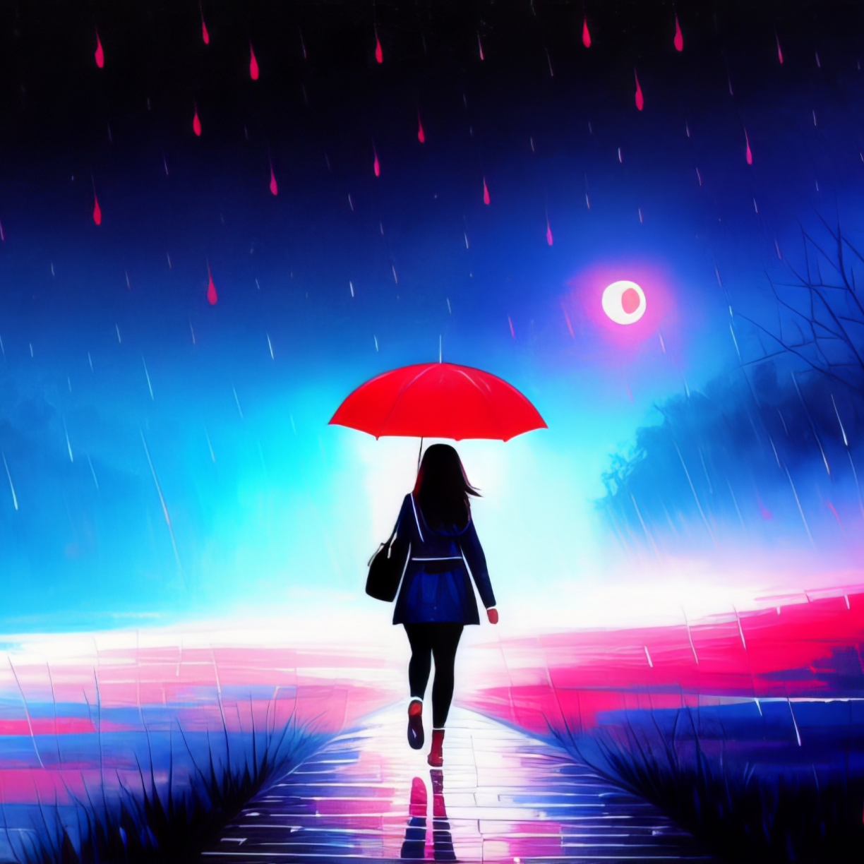 Wallpaper walk-in rail, a girl with red umbrella, digital art desktop ...