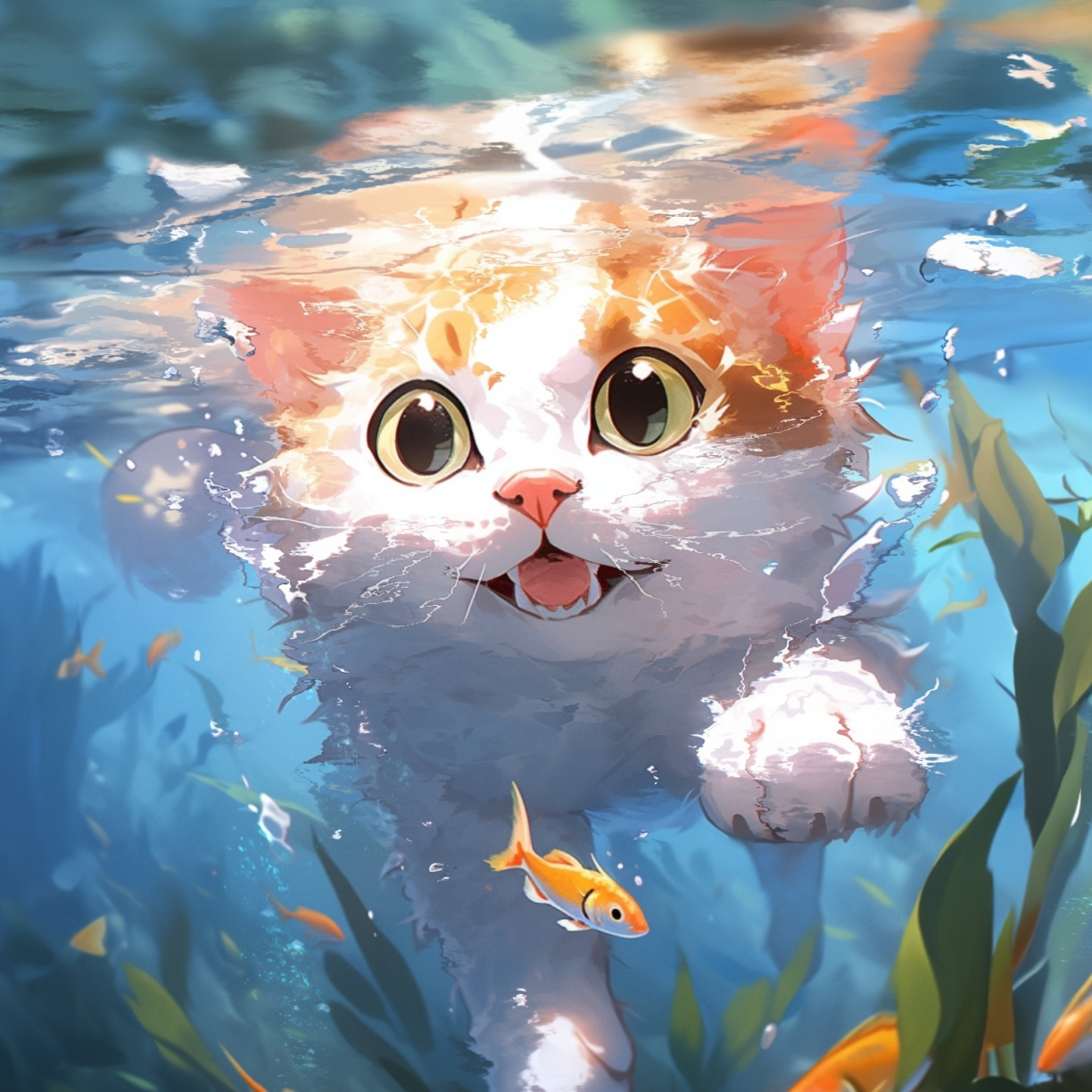 Cute kitten, swim underwater, art, 1224x1224 wallpaper
