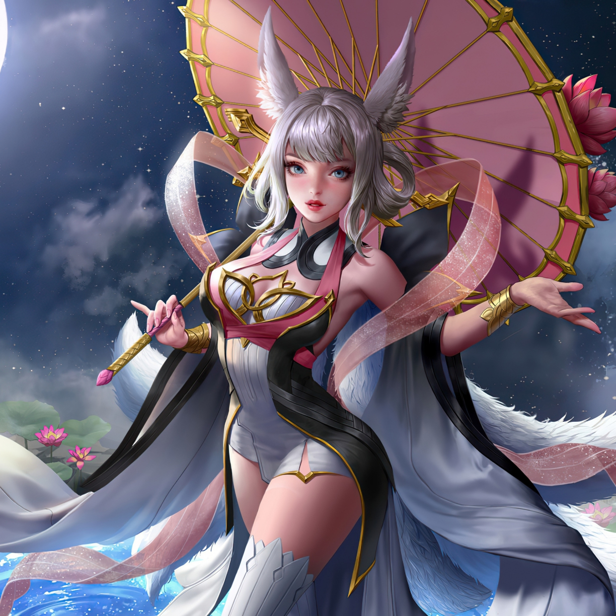 Anime elf girl with umbrella, moon light,  fantasy, 1224x1224 wallpaper