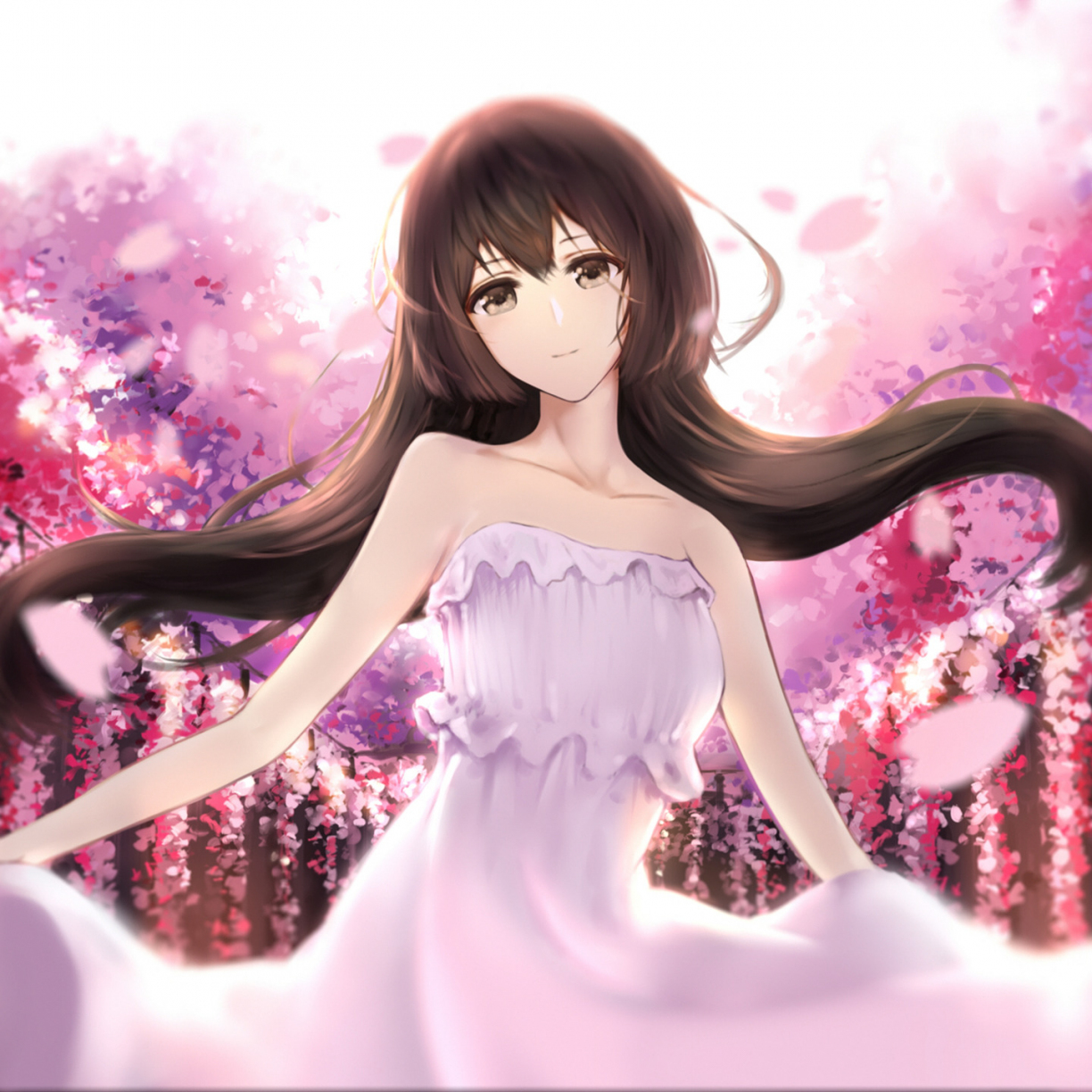 Dance, cherry blossom, pink dress, anime girl, 1224x1224 wallpaper.