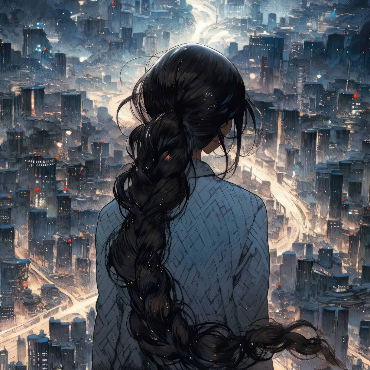 Watching the city at night, cityscape, long hair girl, 1224x1224 wallpaper
