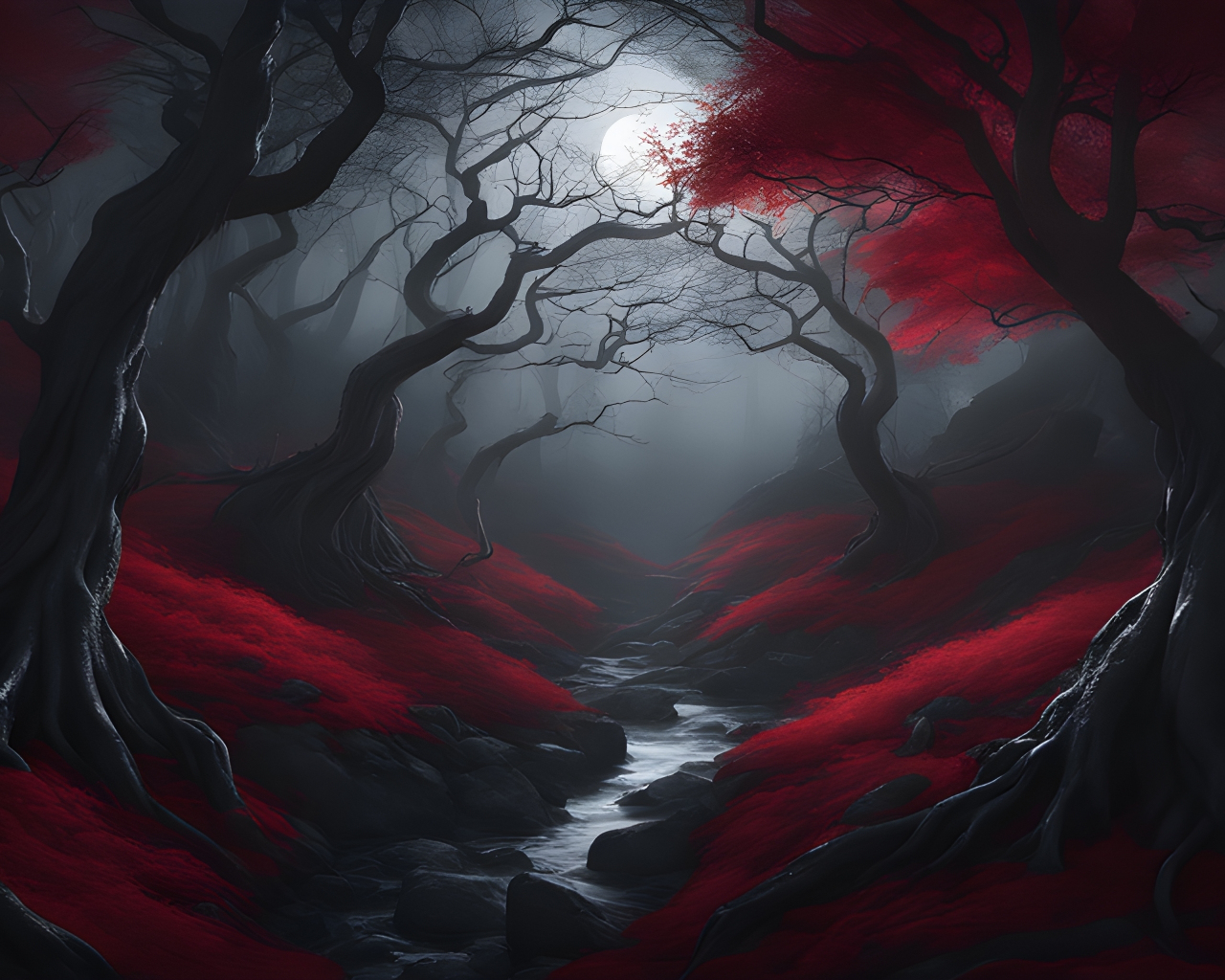 Dark forest, night with full moon, mystic world, 1280x1024 wallpaper