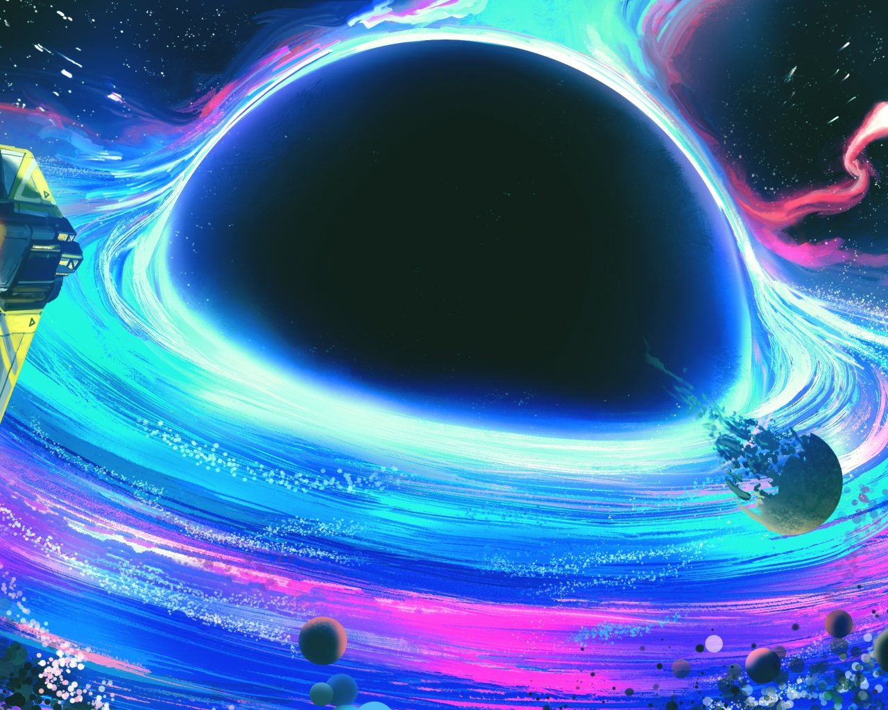 Spaceship move toward black hole, fantasy, art, 1280x1024 wallpaper
