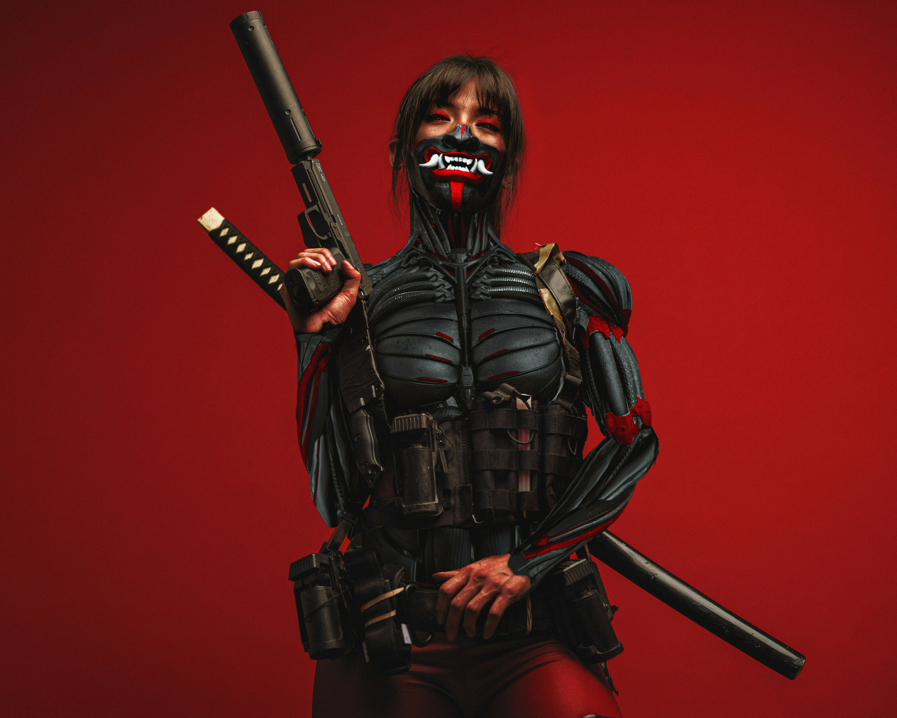 Cyberpunk ninja, with katana & gun, art, 1280x1024 wallpaper