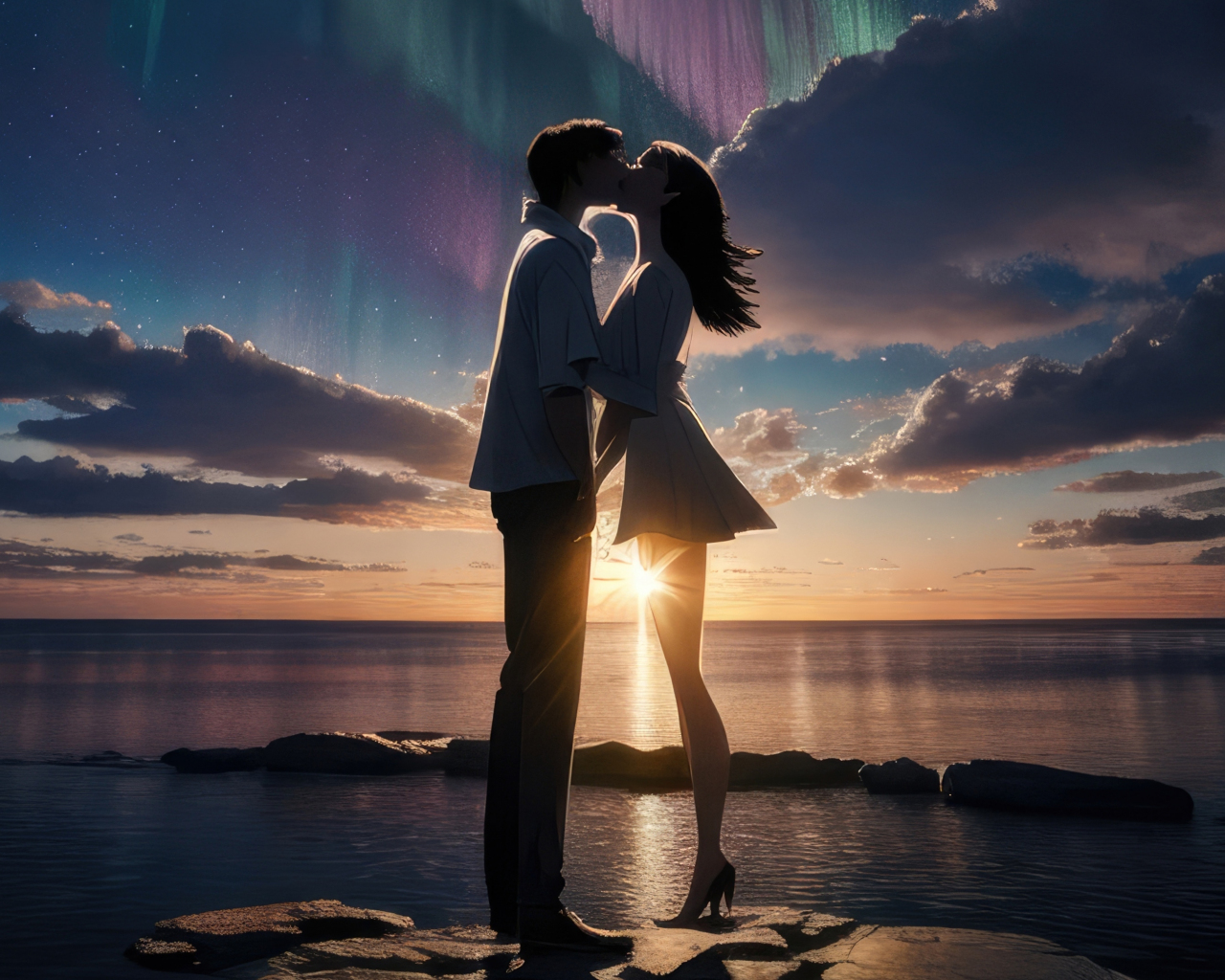 Couple's kiss, at the coast, sunset, art, 1280x1024 wallpaper