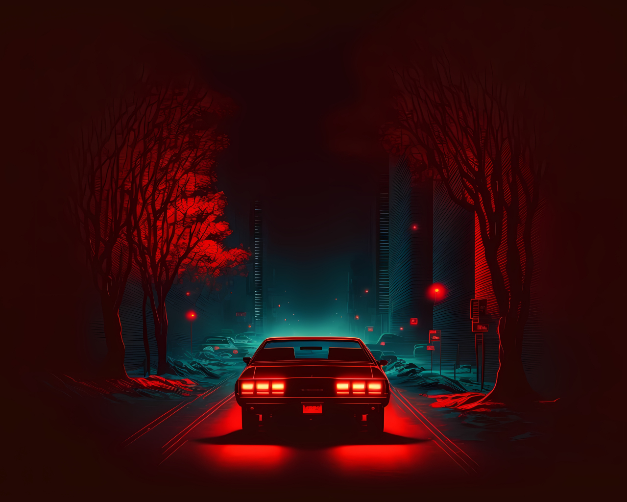 Red car on road, dark and minimal, digital art, 1280x1024 wallpaper