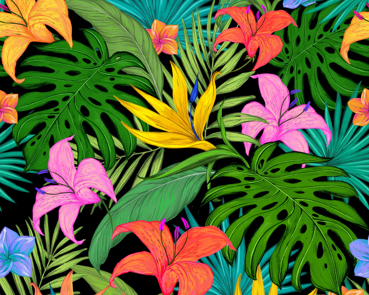 Pattern, tropical, flowers, leaves, 1280x1024 wallpaper