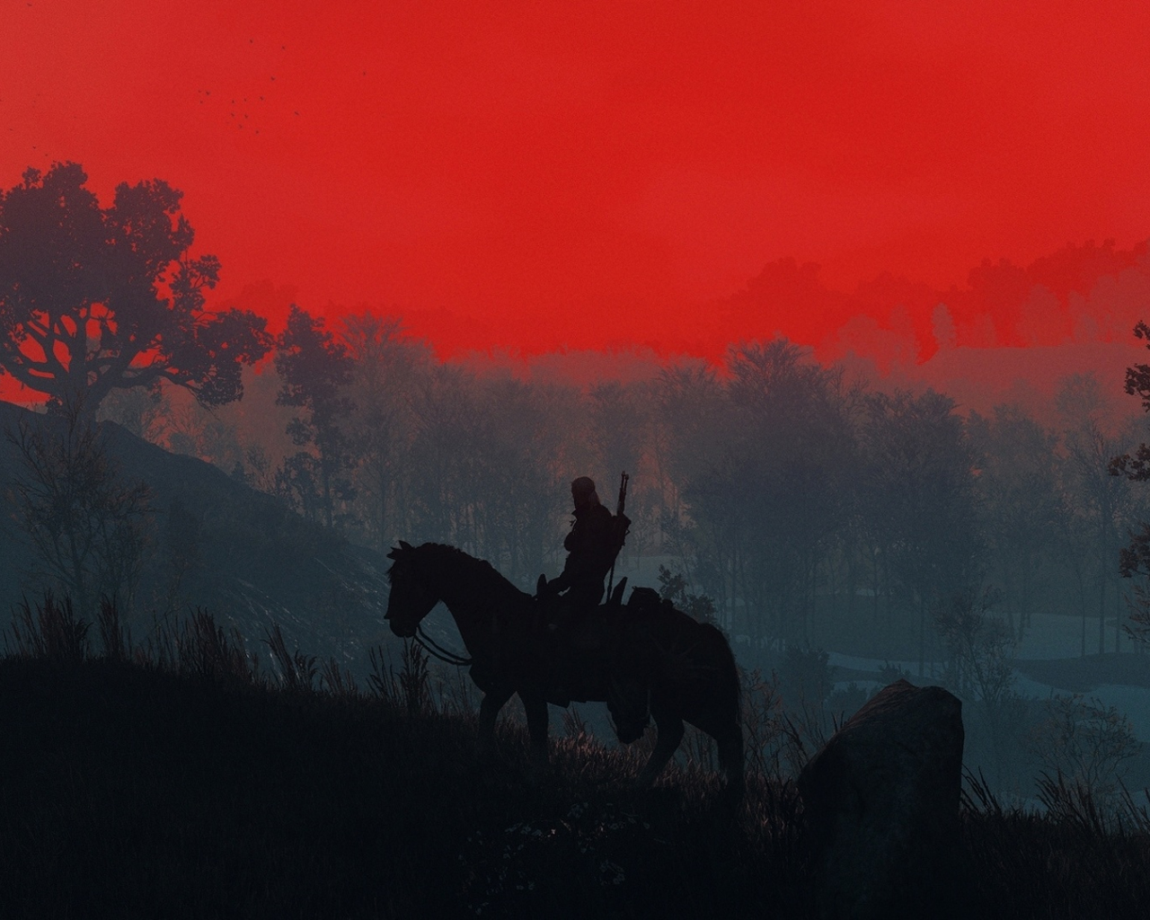 The Witcher 3, Geralt, sunset, silhouette, 1280x1024 wallpaper