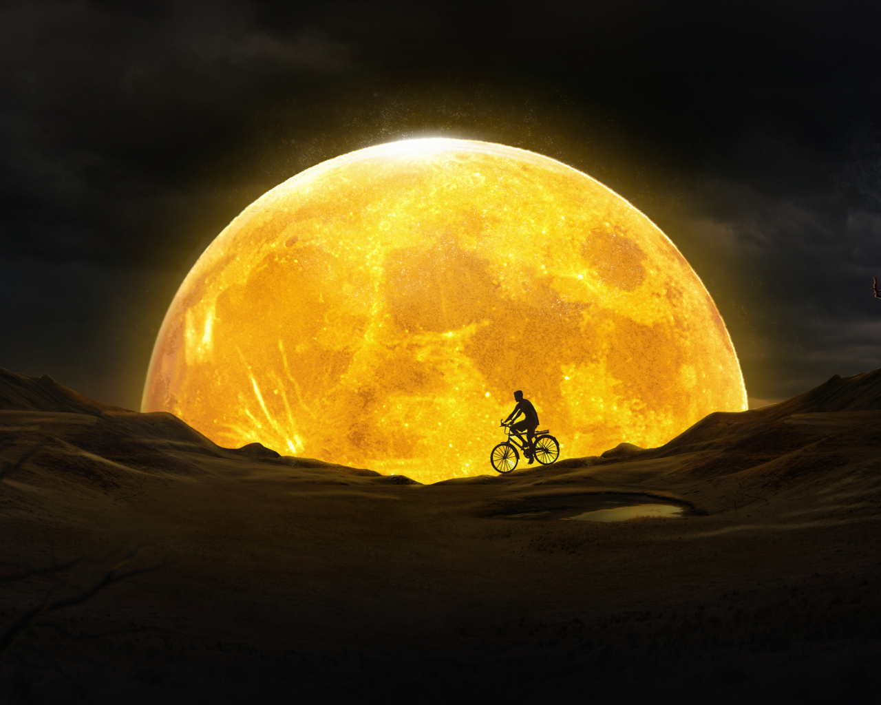 yellow moon, cycling, silhouette, art 