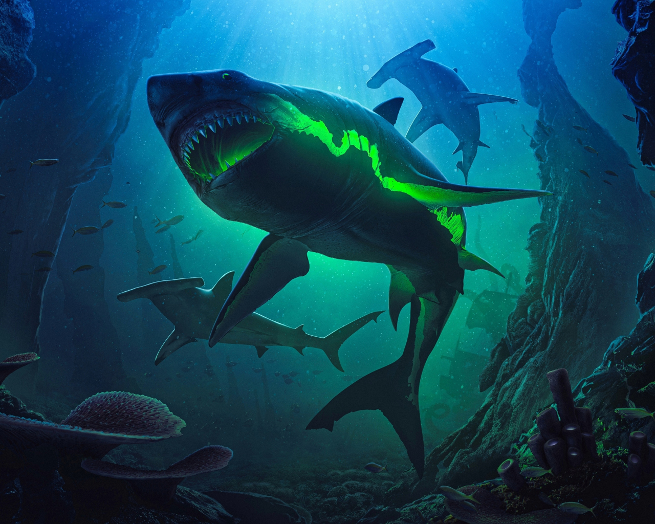 Zombie sharks, underwtaer, 1280x1024 wallpaper