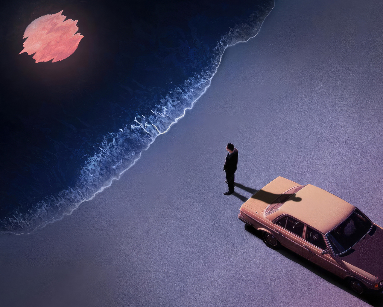 Lonely at night at the beach, car and man, art , 1280x1024 wallpaper