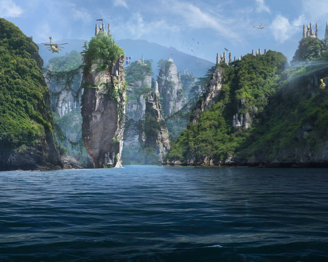 Forgotten islands, panorama, sea, cliffs, fantasy, 1280x1024 wallpaper