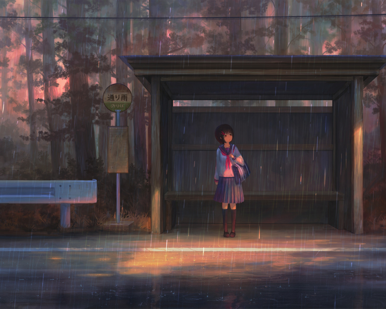 School girl, waiting for bus, rain, outdoor, 1280x1024 wallpaper