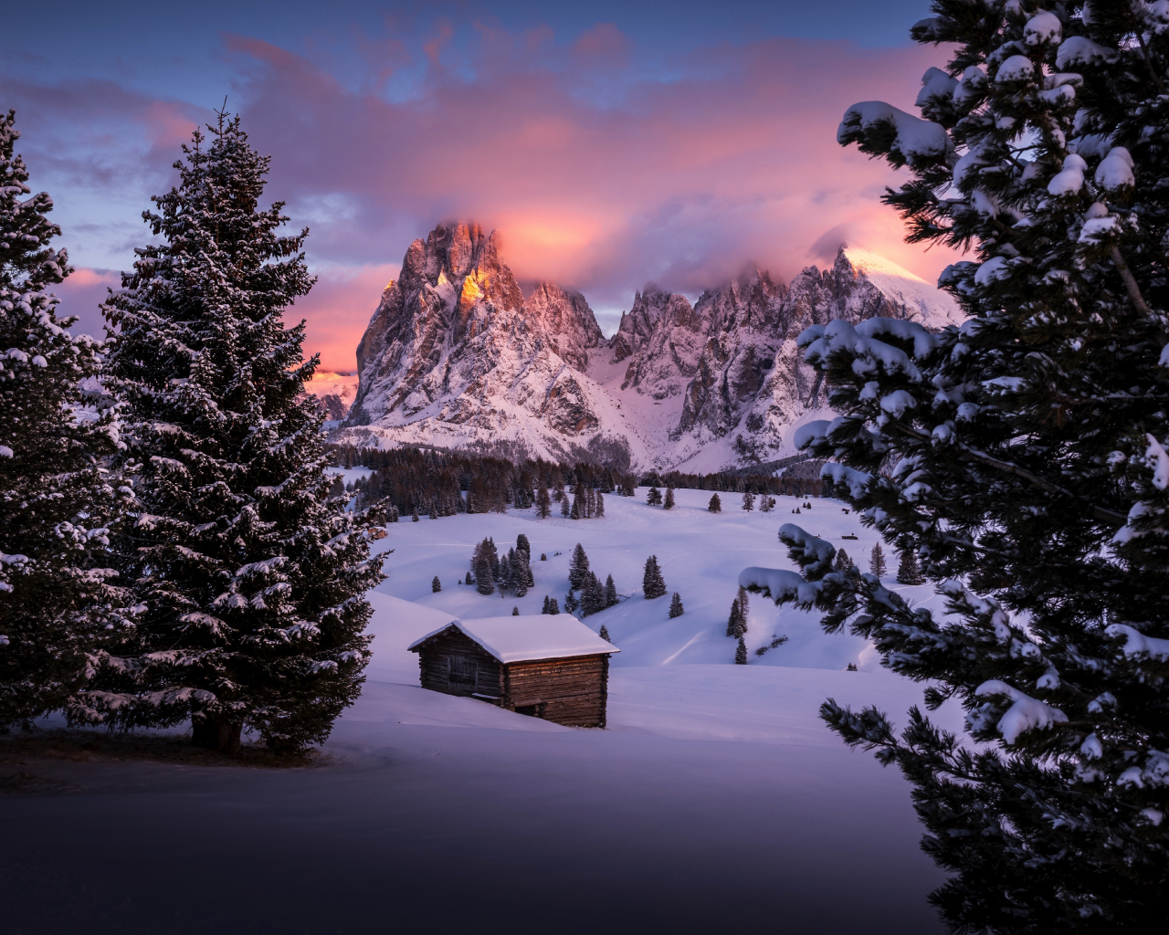 Download wallpaper 1280x1024 winter, cabin, landscape, nature, dawn ...