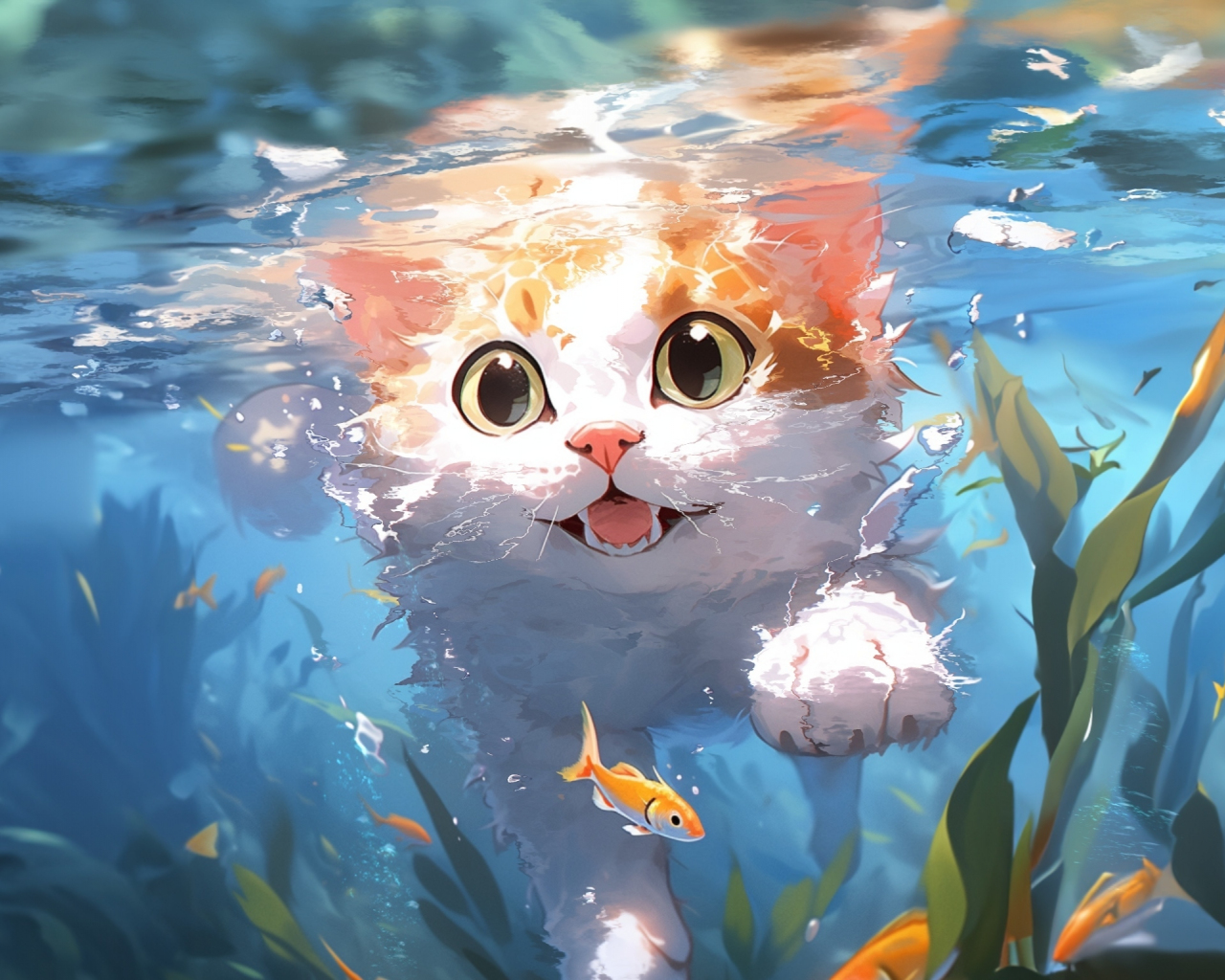 Cute kitten, swim underwater, art, 1280x1024 wallpaper