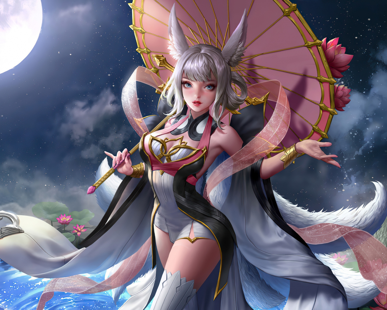 Anime elf girl with umbrella, moon light,  fantasy, 1280x1024 wallpaper