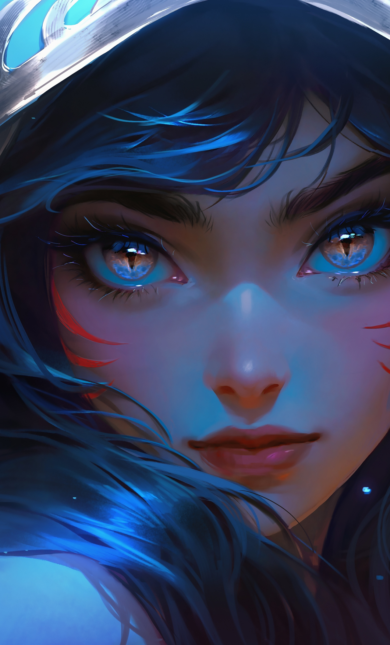 Glowing eyes of cute girl, in hood, 2023, 1280x2120 wallpaper