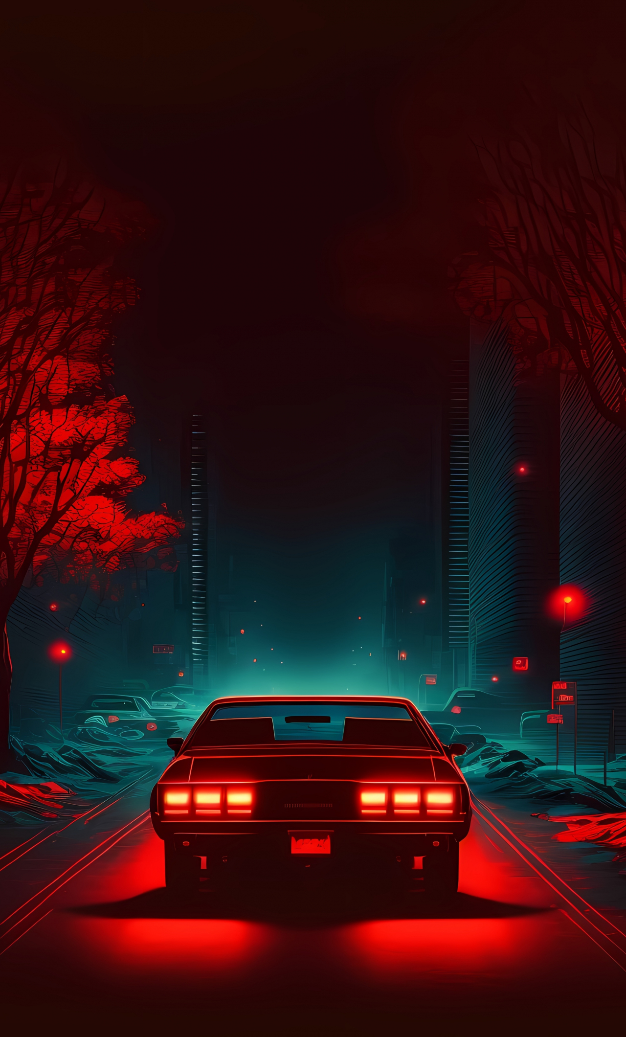 Red car on road, dark and minimal, digital art, 1280x2120 wallpaper