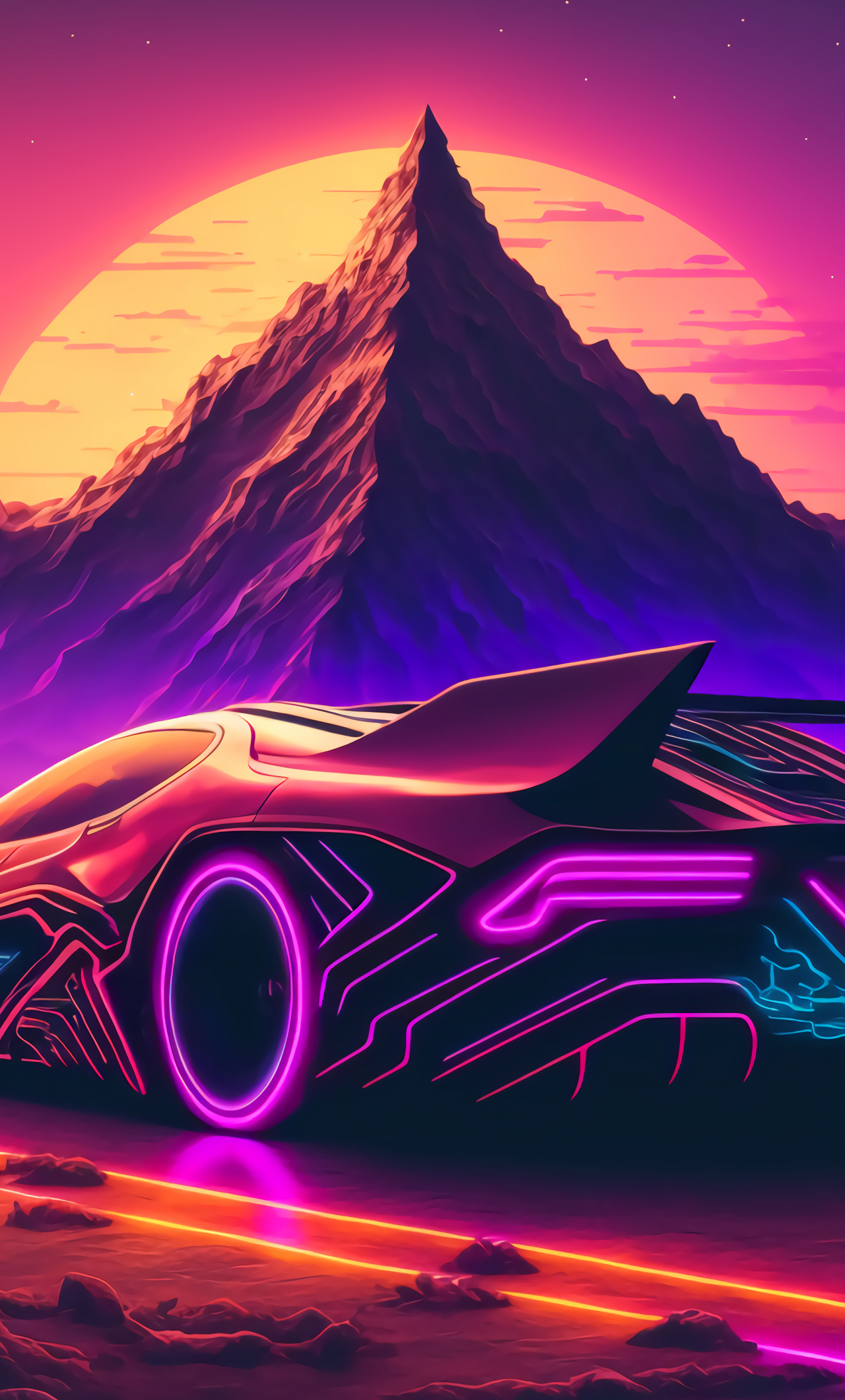 Download wallpaper 1280x2120 synthwave, sports car and mountains ...