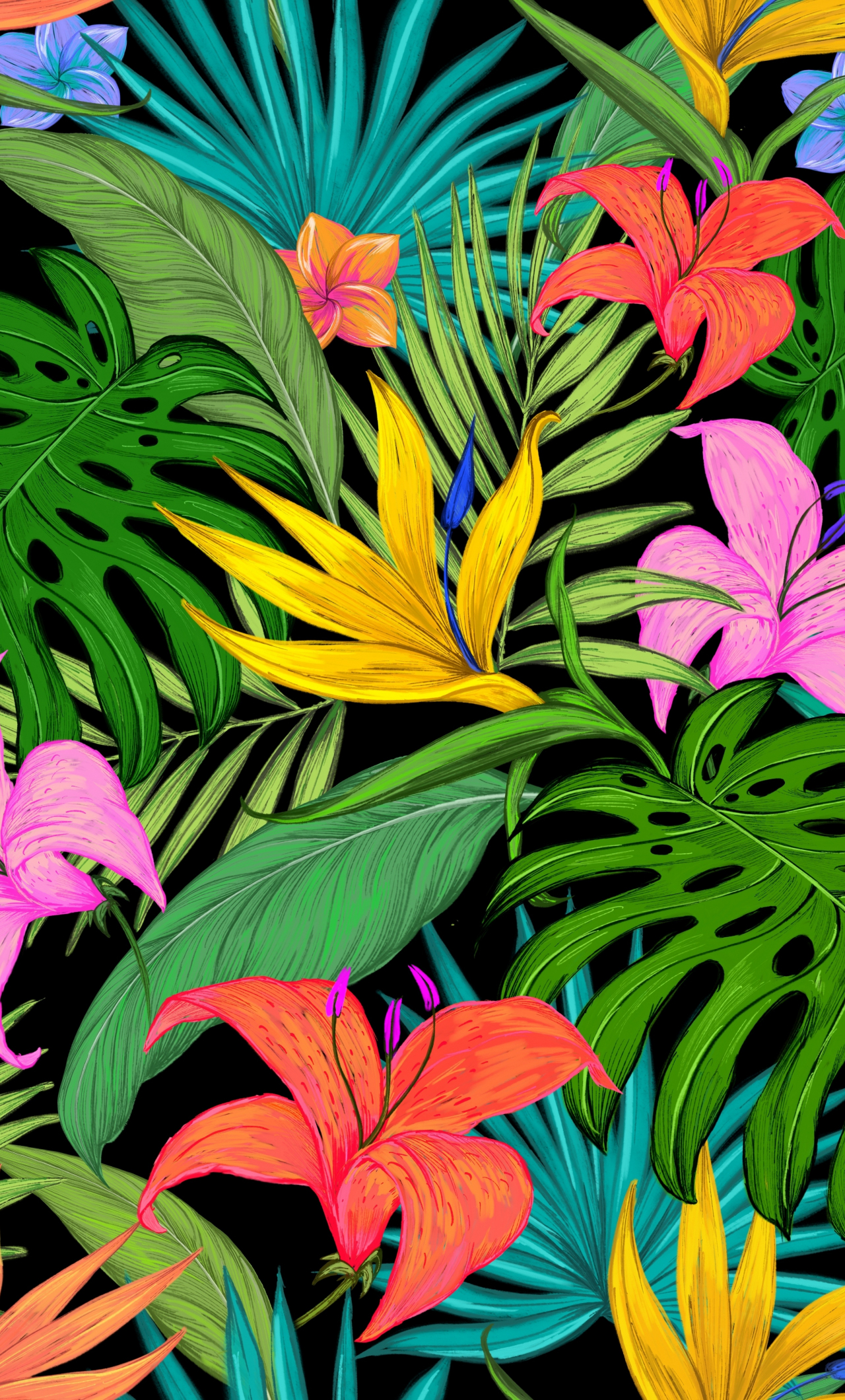 Pattern, tropical, flowers, leaves, 1280x2120 wallpaper