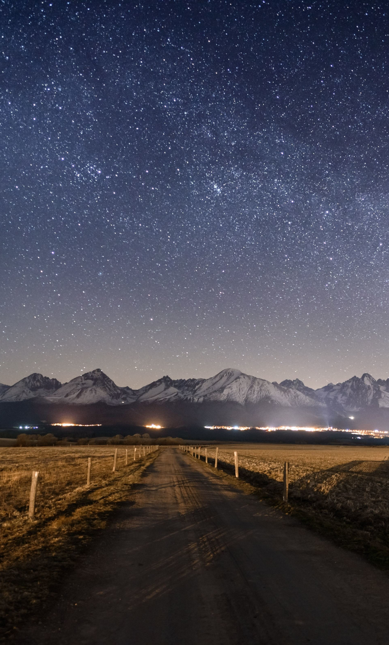 Download Wallpaper 1280x2120 Landscape, Mountains, Road, Starry Night