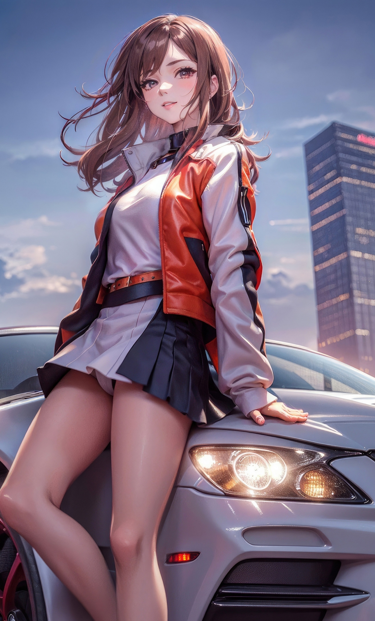 Anime girl with a car, beautiful, art, 1280x2120 wallpaper