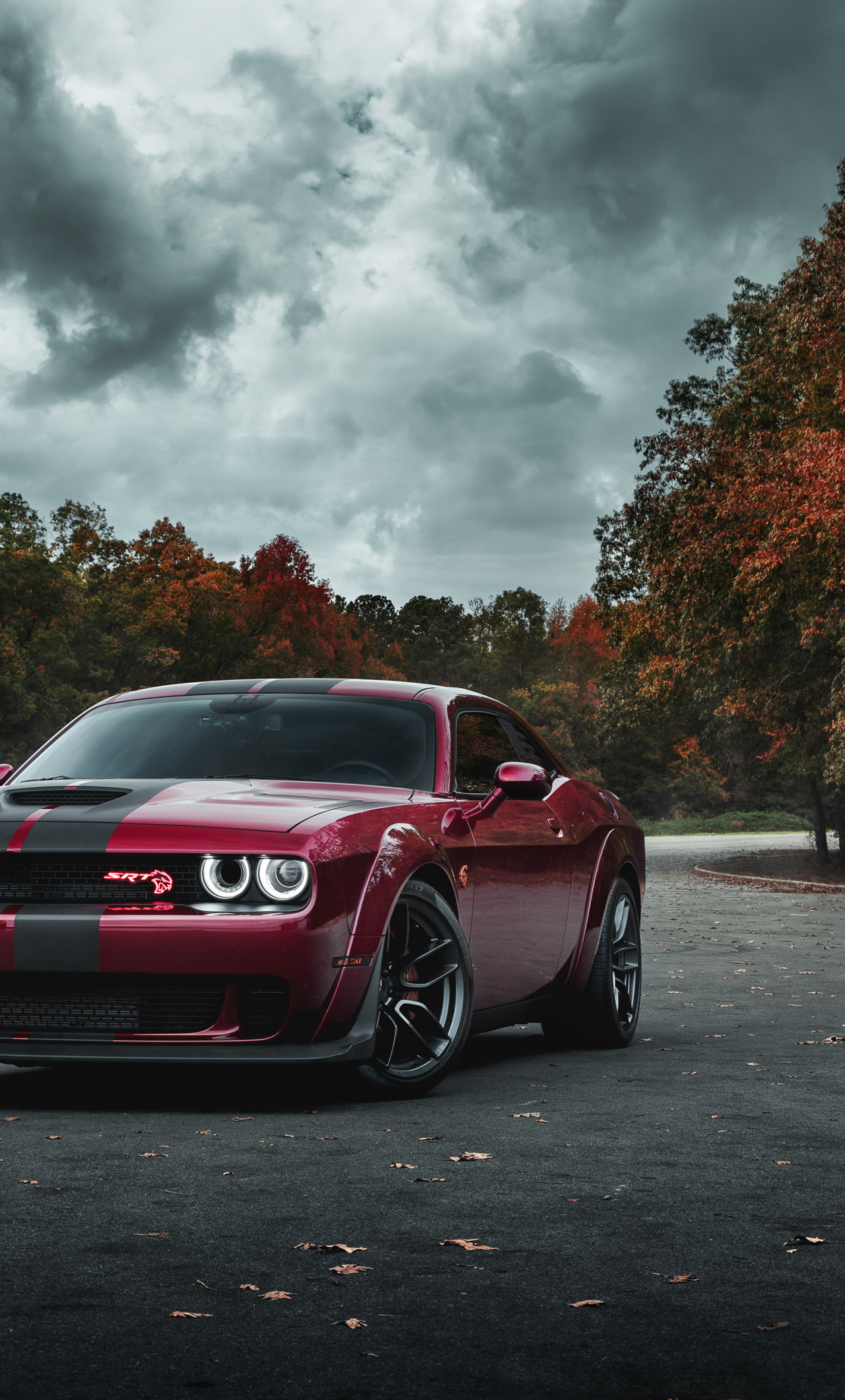 Dodge Challenger SRT Hellcat, muscle car, blood-red car, 1280x2120 wallpaper