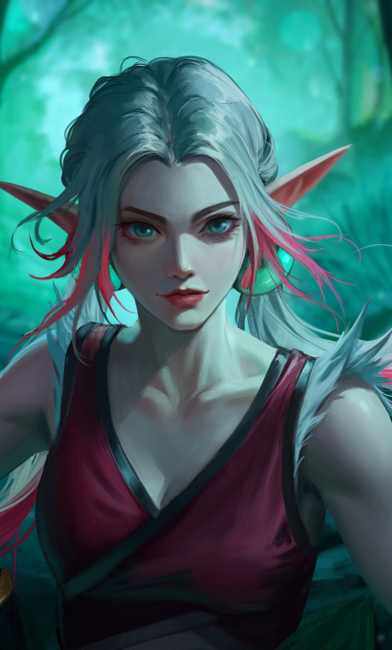 Beautiful elf girl, white-pink hair, fantasy, 1280x2120 wallpaper