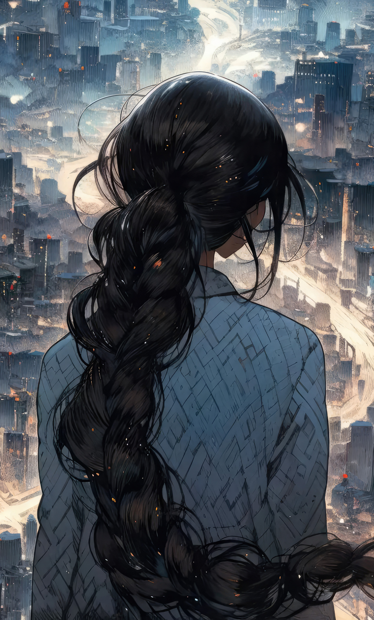Watching the city at night, cityscape, long hair girl, 1280x2120 wallpaper