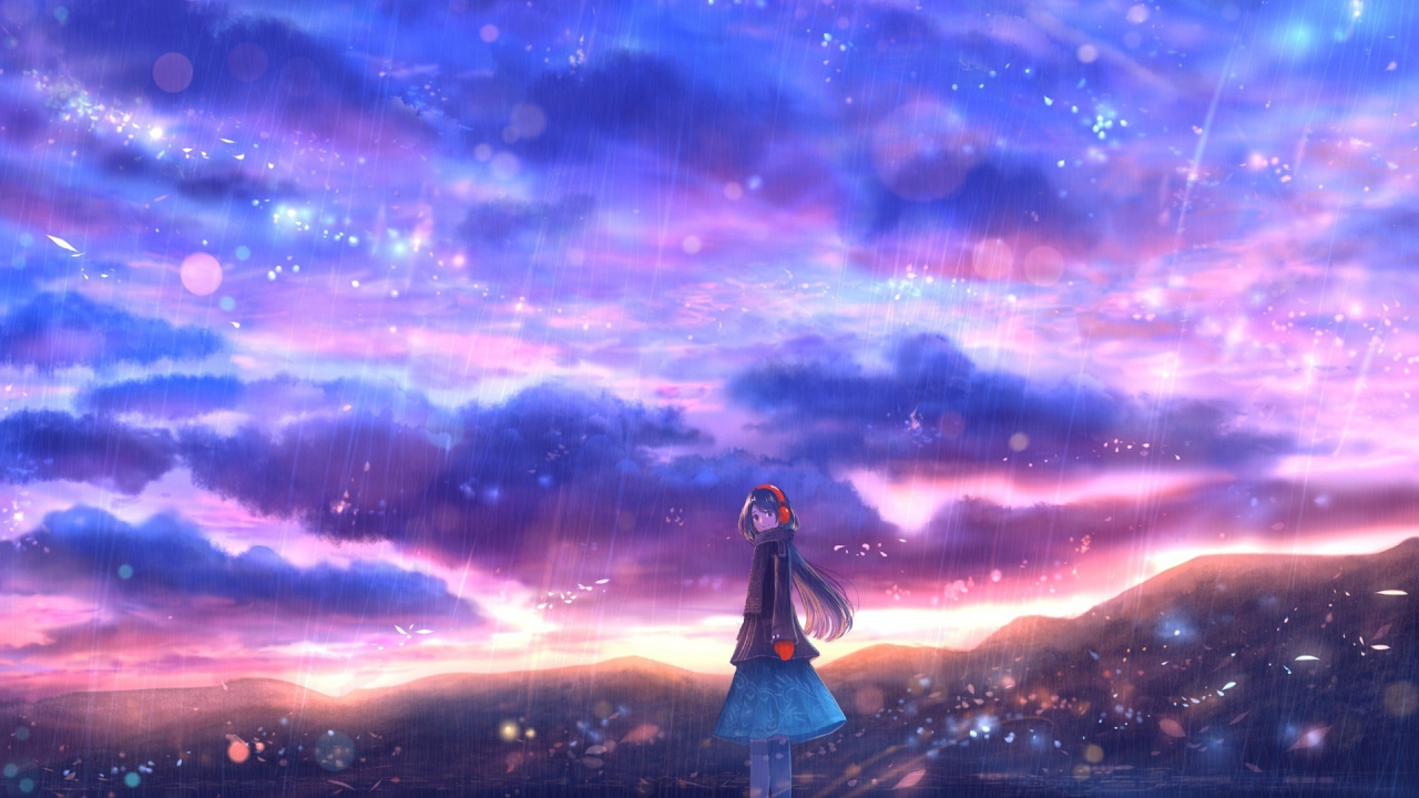 Rain, clouds, colorful, sky, anime girl, 1280x720 wallpaper