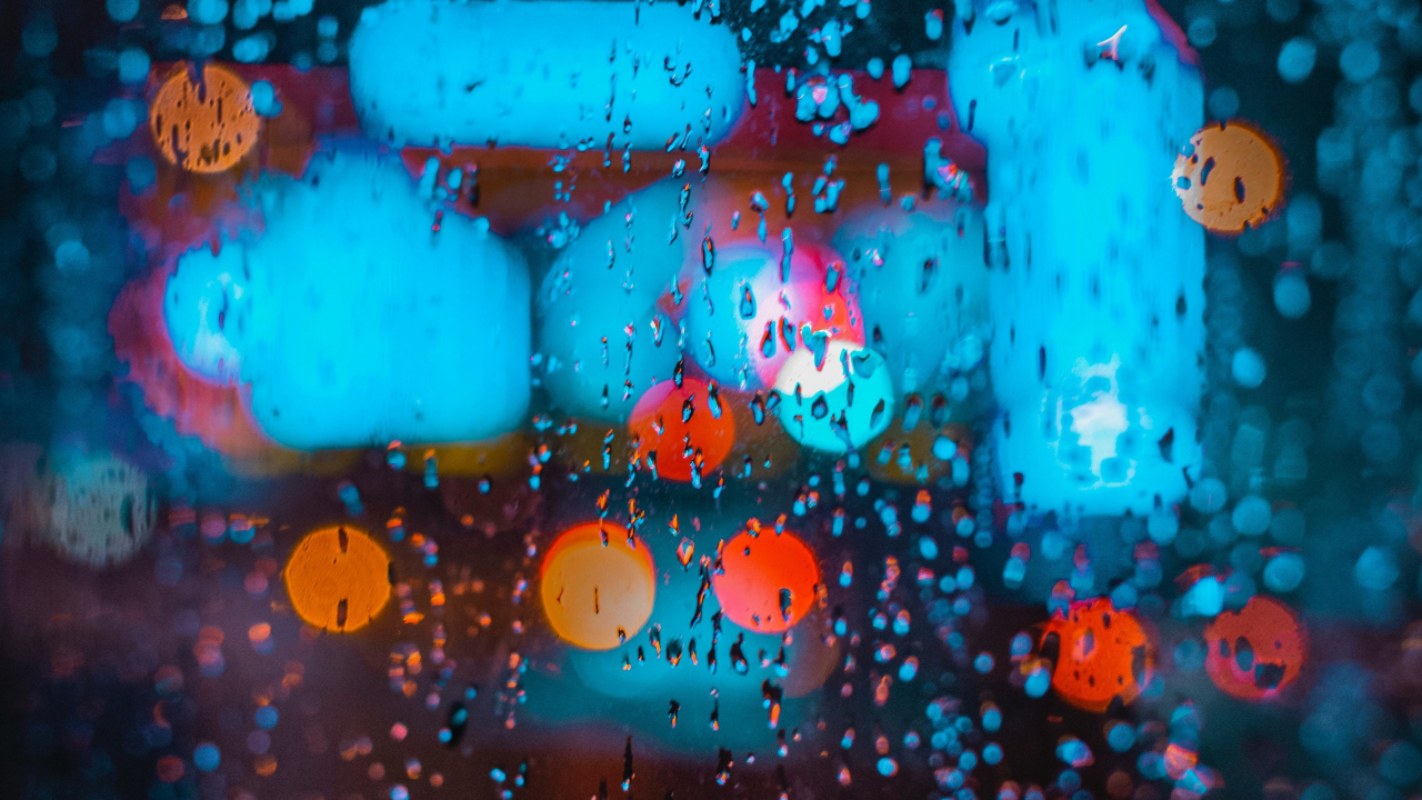 Bokeh, colorful, rain, drops, glass surface, 1280x720 wallpaper