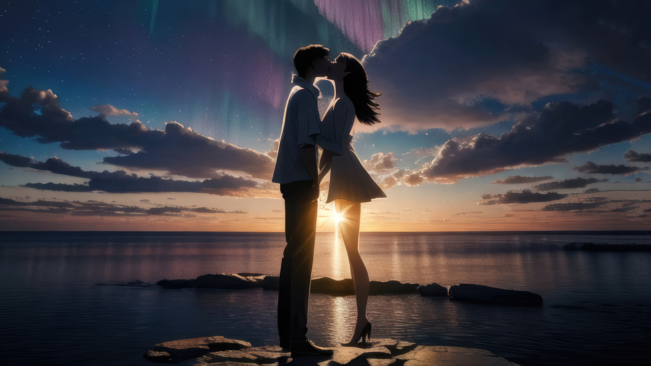 Couple's kiss, at the coast, sunset, art, 1280x720 wallpaper