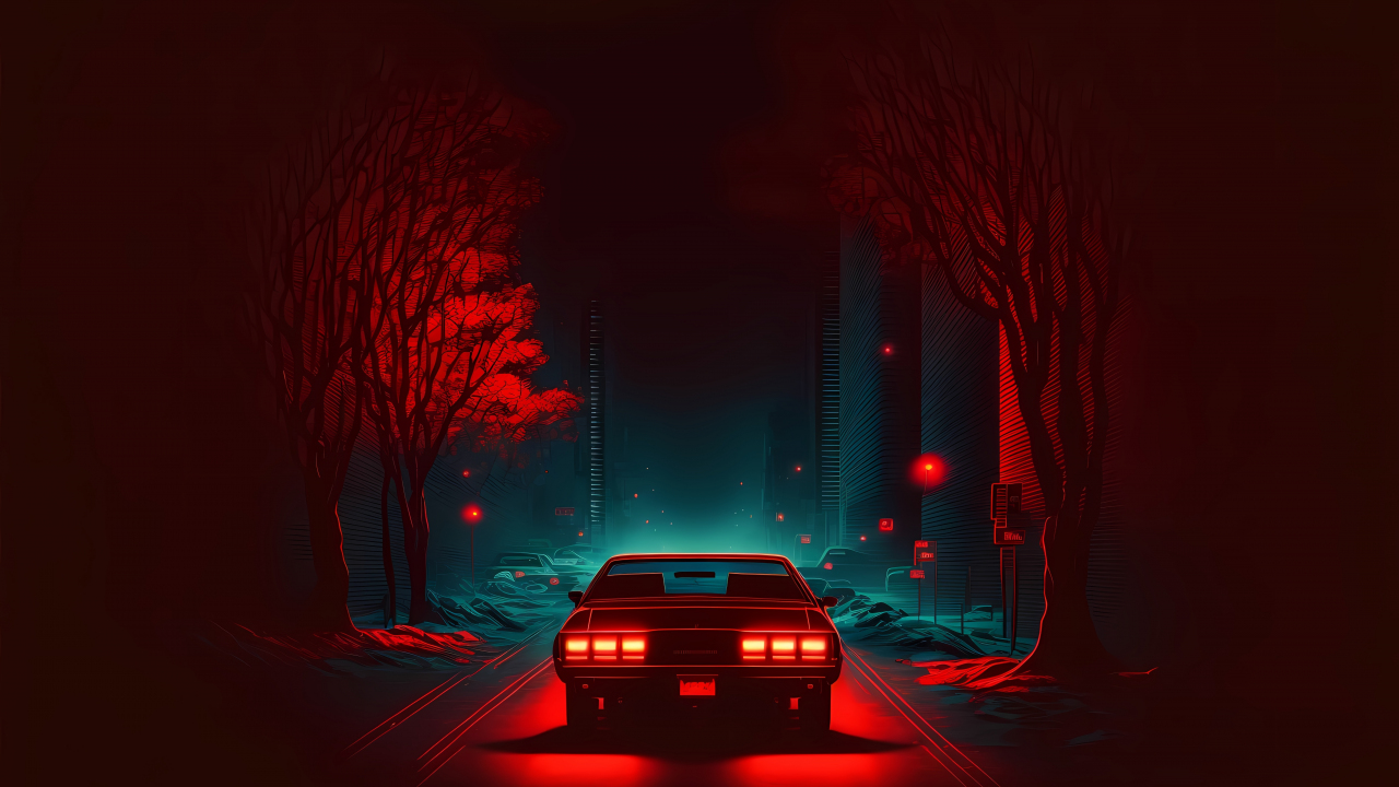 Red car on road, dark and minimal, digital art, 1280x720 wallpaper